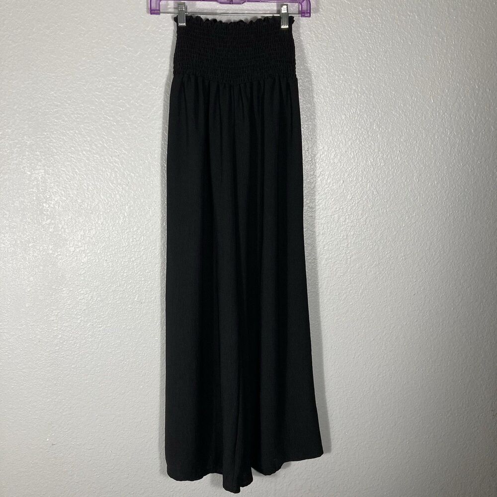 Womens Jumpsuit Strapless Halter Smocked Size M Black Tie Waist Wide Leg Flowy - Picture 6 of 11
